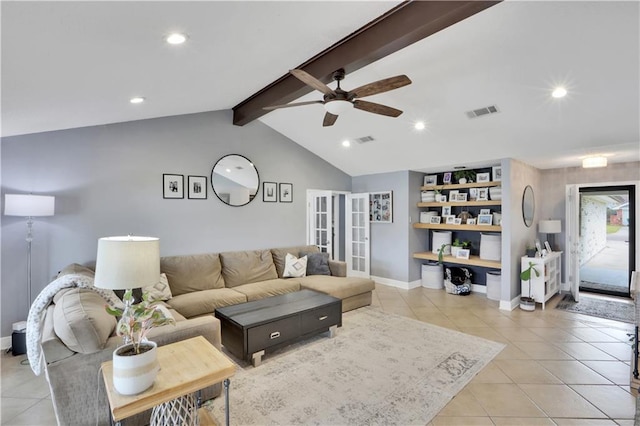 living room with lofted ceiling with beams, light tile patterned floors, visible vents, and built in study area