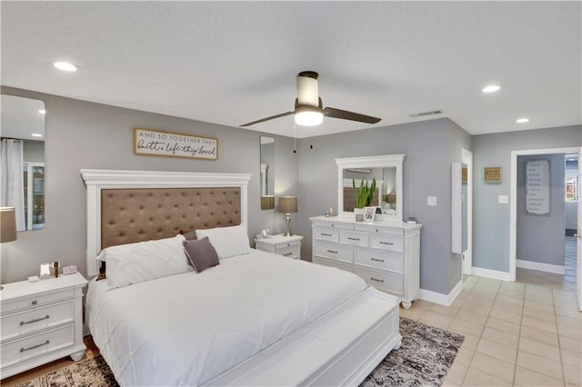 bedroom with light tile patterned flooring, baseboards, visible vents, and recessed lighting