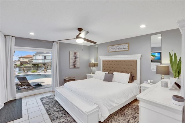 bedroom featuring light tile patterned floors, recessed lighting, a ceiling fan, and access to exterior