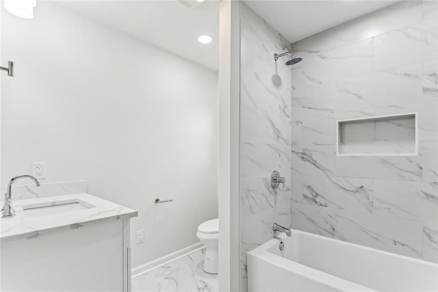 bathroom featuring toilet, shower / bath combination, vanity, baseboards, and marble finish floor