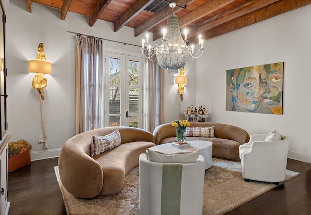 living area with dark wood-type flooring, wood ceiling, baseboards, and french doors