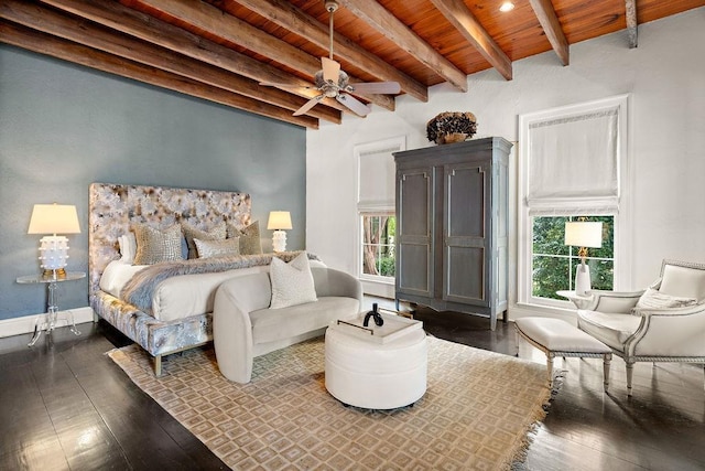 bedroom featuring hardwood / wood-style floors, beamed ceiling, wood ceiling, and baseboards