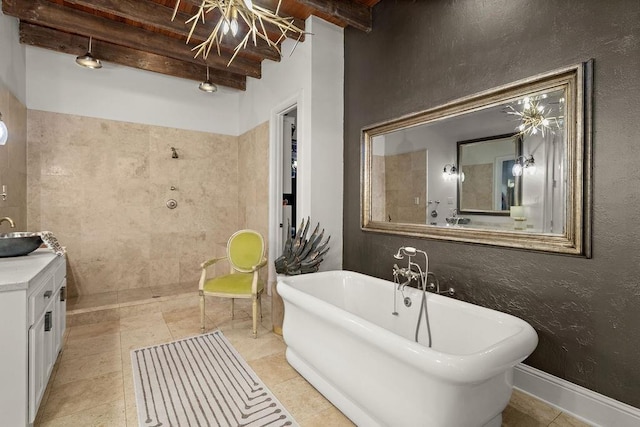 bathroom featuring vanity, beam ceiling, a soaking tub, a tile shower, and tile patterned floors