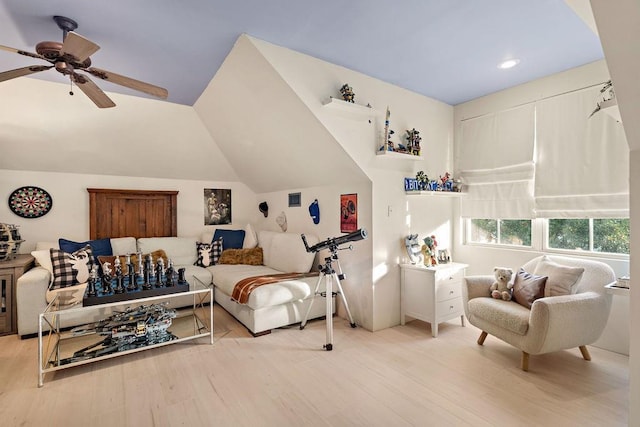 living area featuring wood finished floors, ceiling fan, vaulted ceiling, and recessed lighting