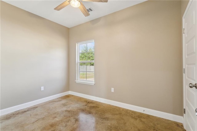 empty room featuring visible vents, baseboards, and ceiling fan