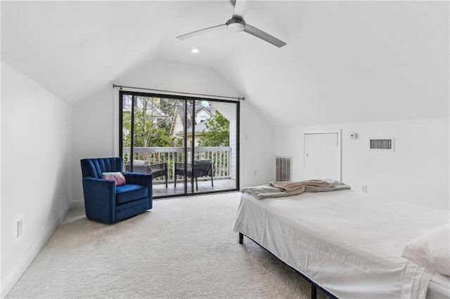 carpeted bedroom with access to outside, visible vents, lofted ceiling, and baseboards