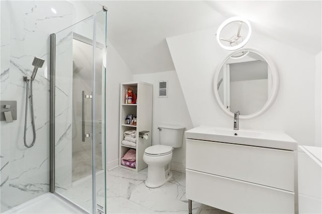 bathroom with toilet, vanity, visible vents, marble finish floor, and a marble finish shower