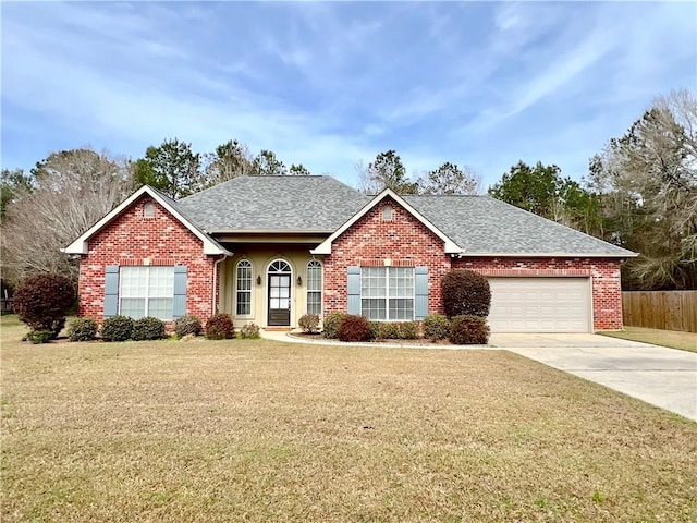 single story home featuring a shingled roof, a front yard, concrete driveway, and brick siding