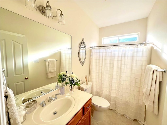 full bath featuring toilet, a shower with curtain, vanity, and tile patterned floors