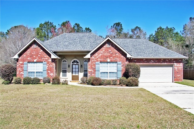 ranch-style house with an attached garage, a shingled roof, and a front yard