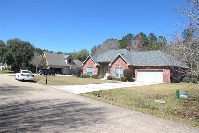 ranch-style home with a garage, brick siding, concrete driveway, roof with shingles, and a front yard