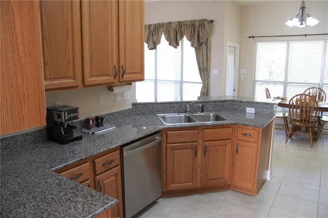 kitchen featuring a wealth of natural light, a sink, a peninsula, and stainless steel dishwasher