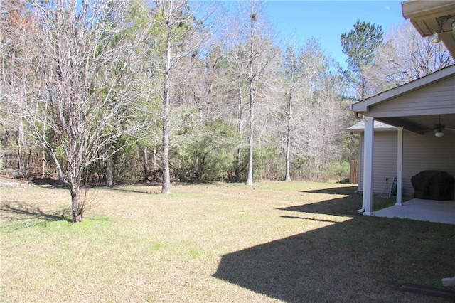 view of yard featuring a patio area and a ceiling fan