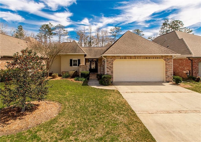 ranch-style house featuring concrete driveway, a front lawn, an attached garage, and a shingled roof