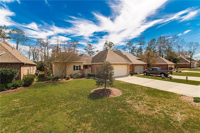 ranch-style house featuring driveway, an attached garage, and a front yard