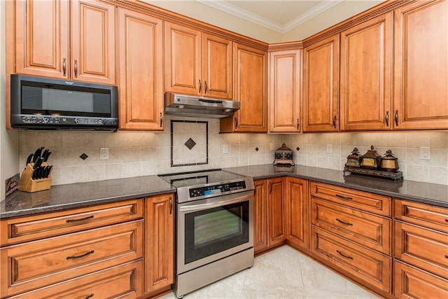 kitchen featuring brown cabinets, stainless steel electric stove, ornamental molding, black microwave, and under cabinet range hood