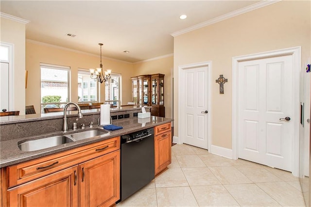 kitchen with light tile patterned floors, a sink, visible vents, dishwasher, and brown cabinetry