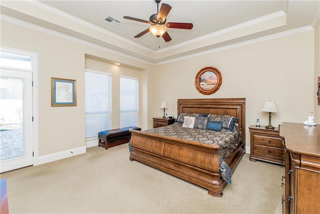 bedroom with light colored carpet, visible vents, ornamental molding, a ceiling fan, and baseboards