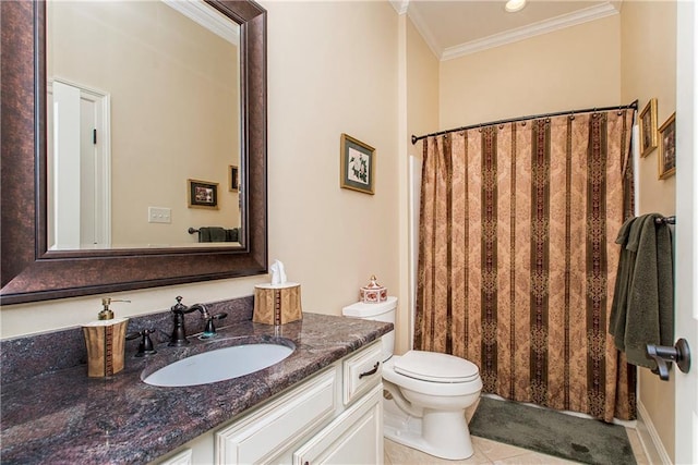 full bathroom featuring toilet, curtained shower, tile patterned flooring, crown molding, and vanity