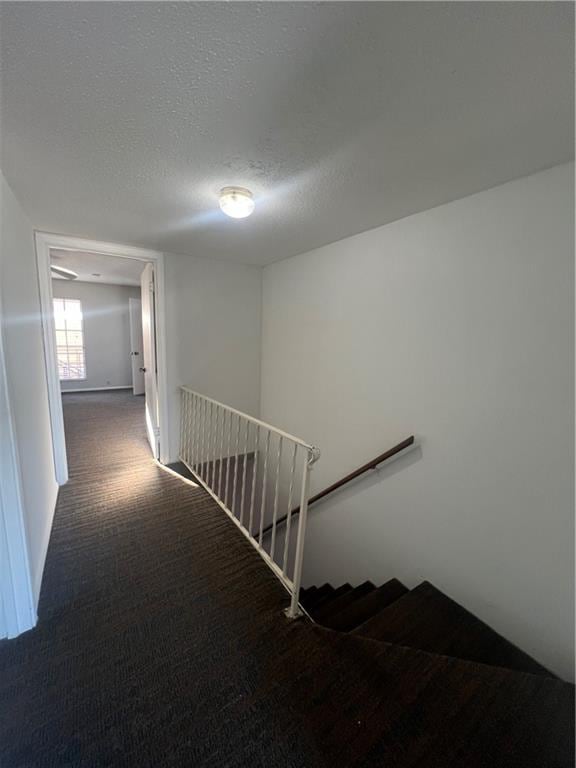 staircase with a textured ceiling and carpet