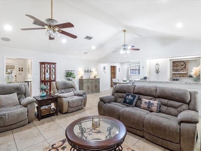 living area featuring lofted ceiling with beams, ceiling fan, visible vents, and light tile patterned flooring