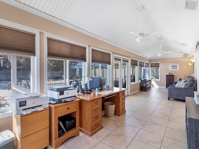 sunroom / solarium with a ceiling fan, lofted ceiling, and visible vents