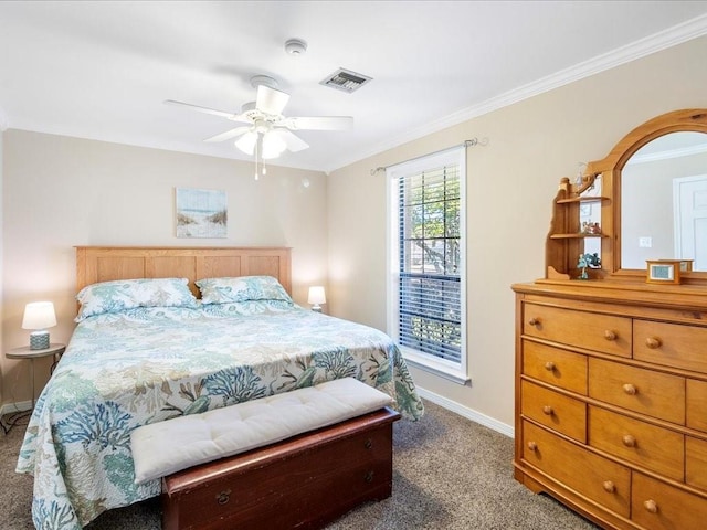 bedroom featuring carpet, crown molding, visible vents, a ceiling fan, and baseboards