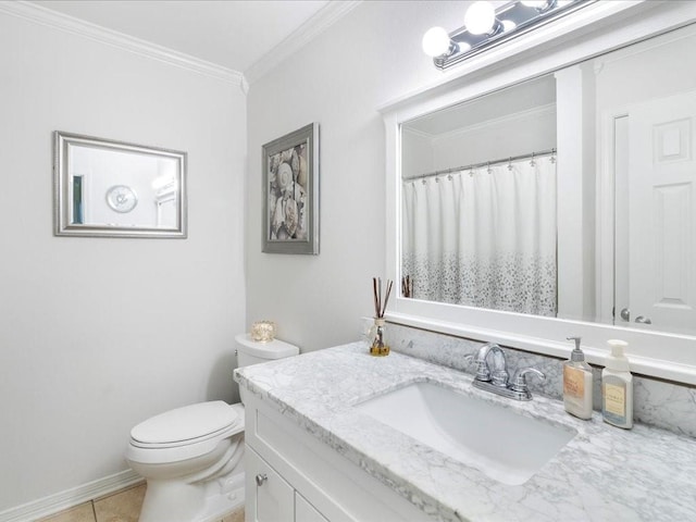 bathroom featuring tile patterned flooring, toilet, vanity, ornamental molding, and a shower with curtain