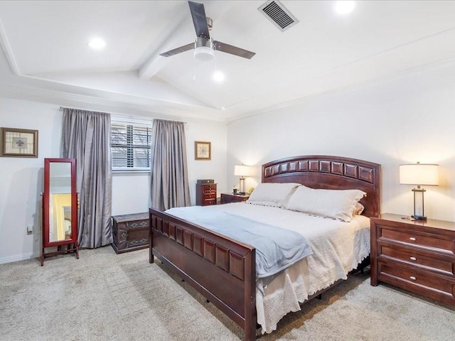 carpeted bedroom with vaulted ceiling with beams, baseboards, visible vents, and a ceiling fan