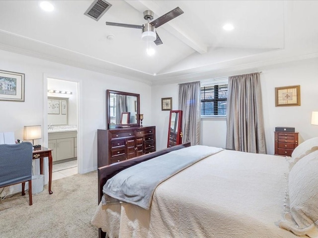 bedroom featuring light carpet, visible vents, lofted ceiling with beams, ensuite bath, and ceiling fan