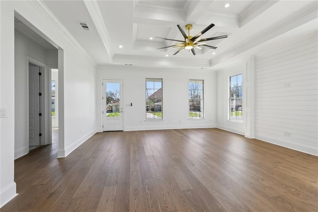 interior space featuring dark wood finished floors, visible vents, ornamental molding, ceiling fan, and coffered ceiling