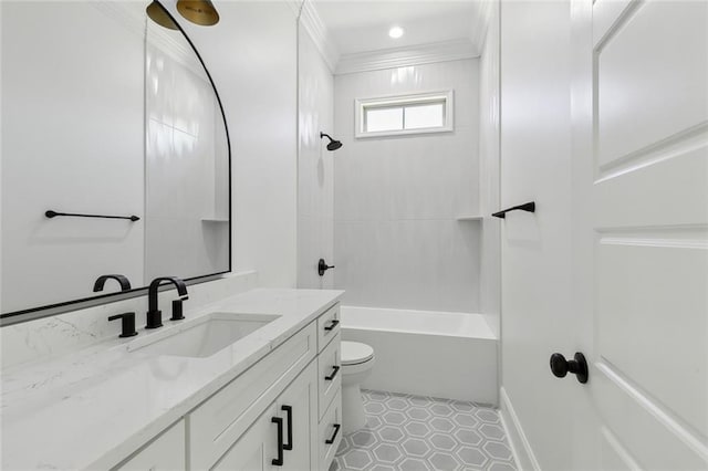 bathroom featuring tile patterned flooring, toilet, vanity, ornamental molding, and tub / shower combination