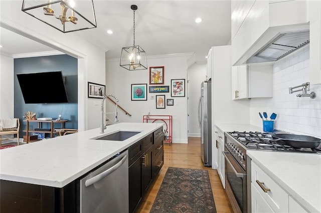 kitchen with premium range hood, light wood-style flooring, a sink, stainless steel appliances, and crown molding