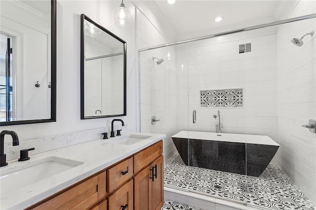 full bathroom with a sink, an enclosed shower, a soaking tub, and double vanity