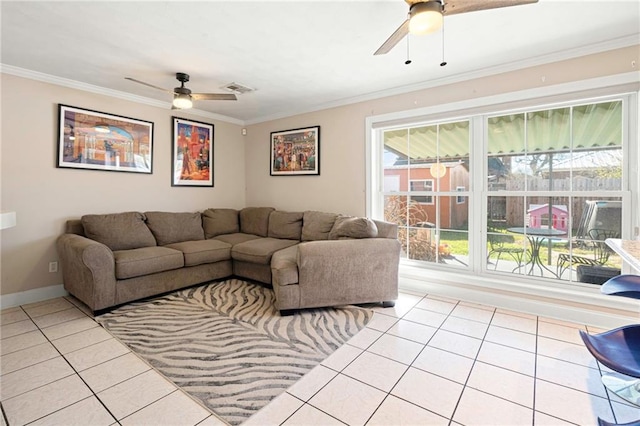 living room featuring ceiling fan, ornamental molding, light tile patterned flooring, and visible vents