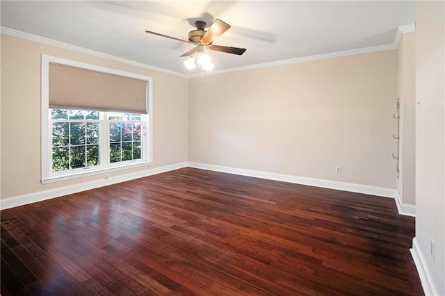 unfurnished room featuring ceiling fan, baseboards, ornamental molding, and dark wood finished floors