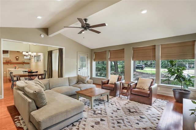 living room with baseboards, wood finished floors, vaulted ceiling with beams, ceiling fan with notable chandelier, and recessed lighting