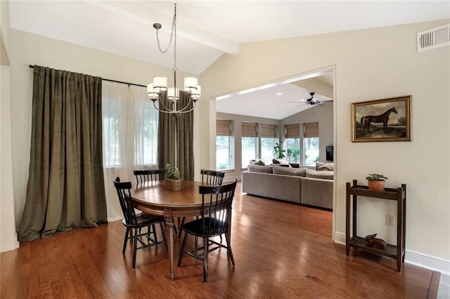 dining area featuring visible vents, lofted ceiling with beams, wood finished floors, baseboards, and ceiling fan with notable chandelier