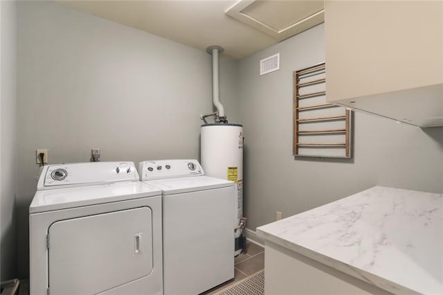 washroom with laundry area, visible vents, water heater, tile patterned floors, and washing machine and clothes dryer