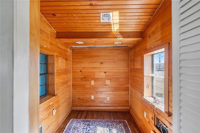 interior space featuring a sauna, dark wood-style floors, wooden walls, and wooden ceiling