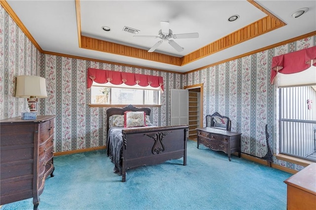 bedroom with visible vents, wallpapered walls, carpet, and a tray ceiling