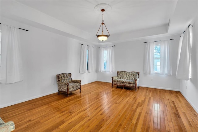 unfurnished room with a raised ceiling, a healthy amount of sunlight, and light wood finished floors