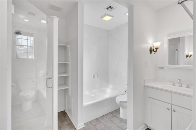 bathroom featuring visible vents, a shower, vanity, and toilet