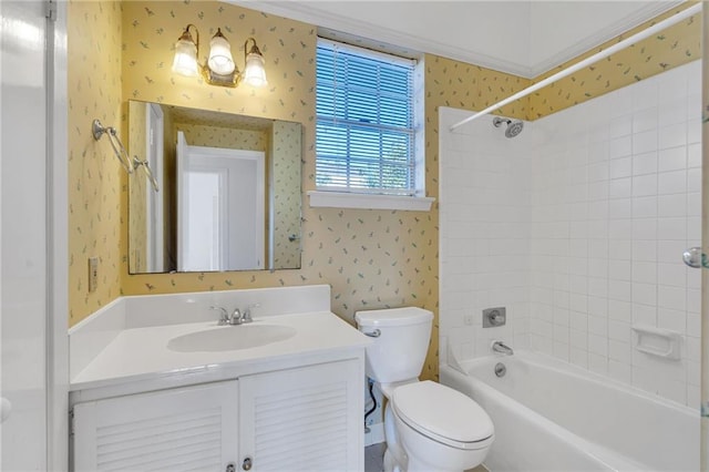 full bath with toilet, shower / bathtub combination, vanity, and wallpapered walls