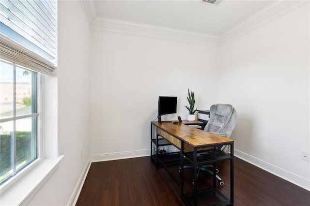 home office featuring ornamental molding, baseboards, and wood finished floors