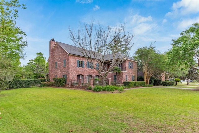 view of front of house with a front lawn, a chimney, and brick siding