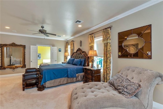 carpeted bedroom featuring recessed lighting, visible vents, a ceiling fan, and ornamental molding