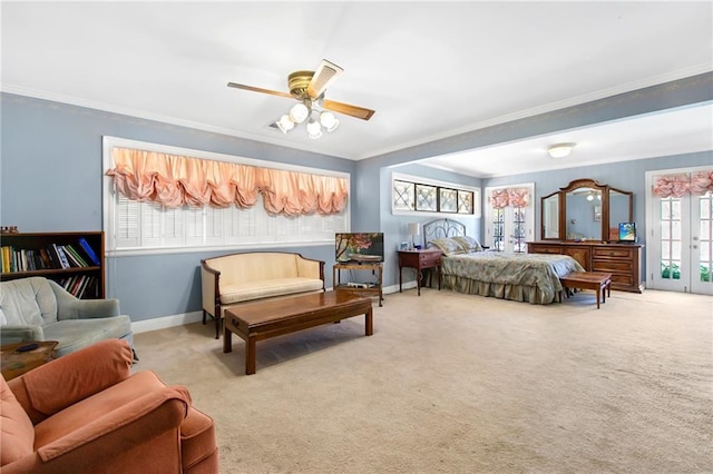 carpeted bedroom featuring baseboards, ceiling fan, ornamental molding, access to exterior, and french doors