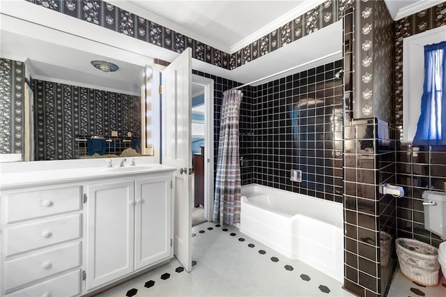 full bath with vanity, crown molding, shower / tub combo, and wallpapered walls