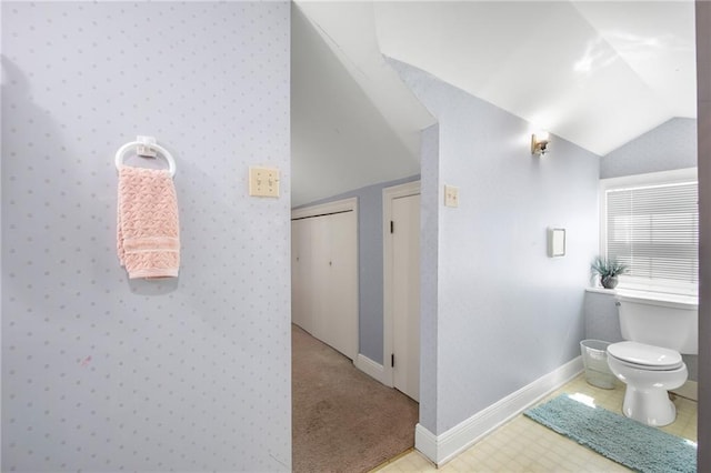 hall featuring baseboards and lofted ceiling